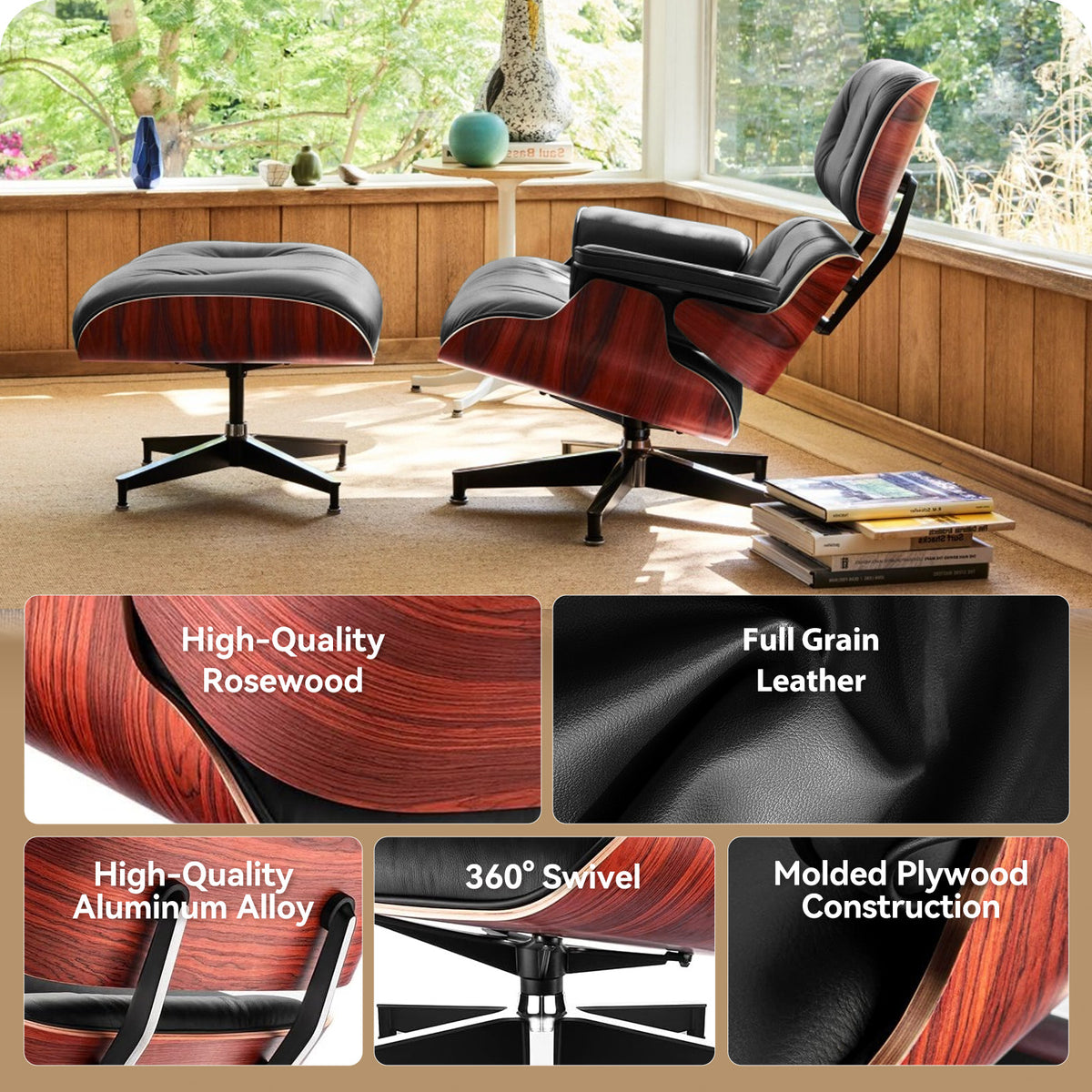 Mid-Century Black Genuine Leather Eames Lounge Chair & Ottoman—Red Palisander Wood