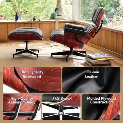 Mid-Century Black Genuine Leather Eames Lounge Chair & Ottoman—Red Palisander Wood