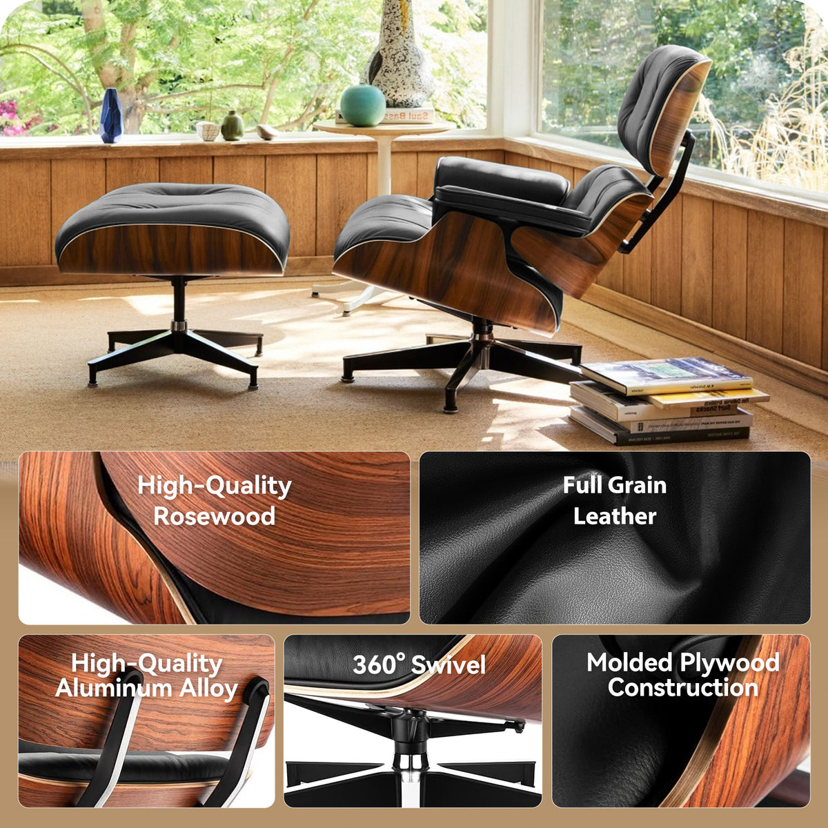 Classic Genuine Leather Lounge Chair with Ottoman – Palisander Wood & Black