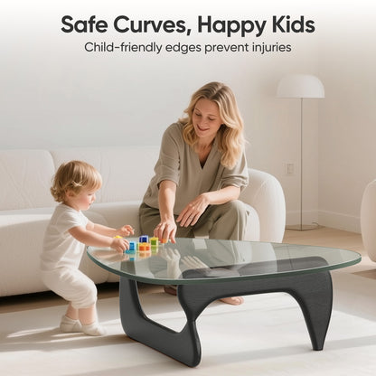 High-end Modern Triangle Glass Coffee Table With Solid Wood Base - Black