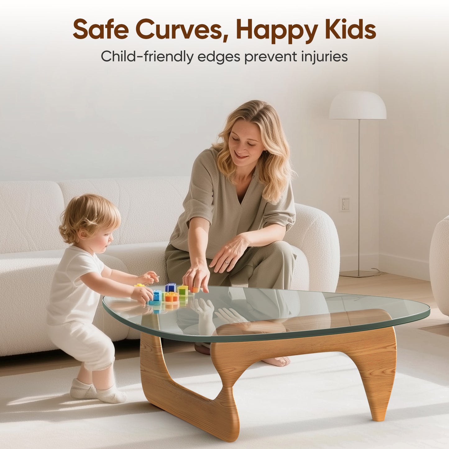 High-end Modern Triangle Glass Coffee Table With Solid Wood Base - Light Walnut