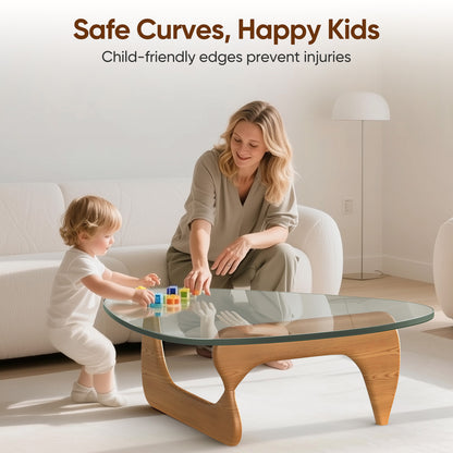 High-end Modern Triangle Glass Coffee Table With Solid Wood Base - Light Walnut