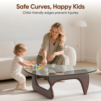 High-end Modern Triangle Glass Coffee Table With Solid Wood Base - Dark Walnut