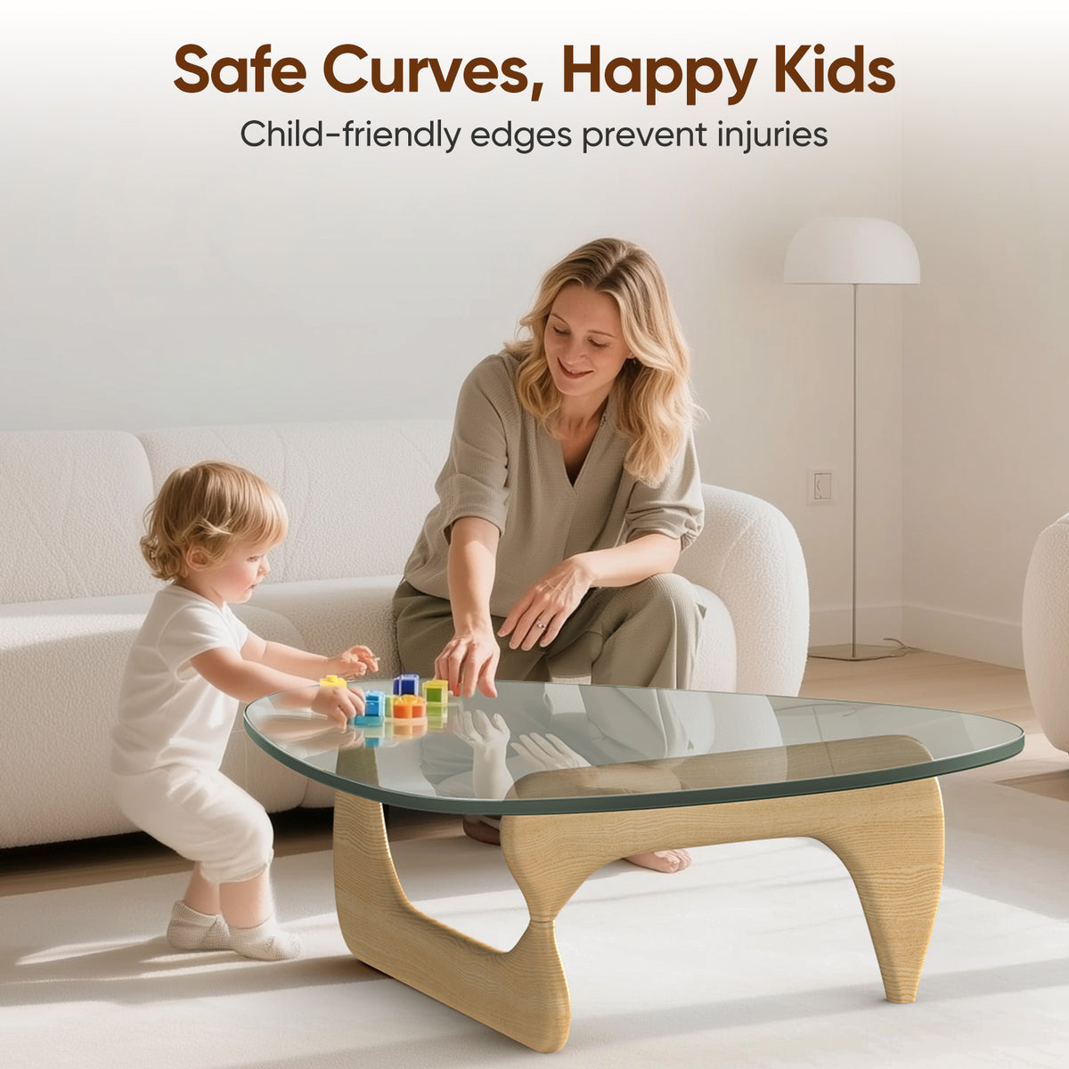 High-end Modern Triangle Glass Coffee Table With Solid Wood Base - Original Wood