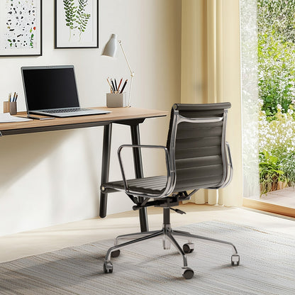 Armrests Ribbed Office Chair Black Genuine Leather Office Chair