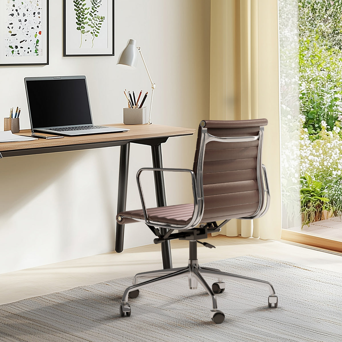 Armrests Ribbed Office Chair Brown Genuine Leather Office Chair