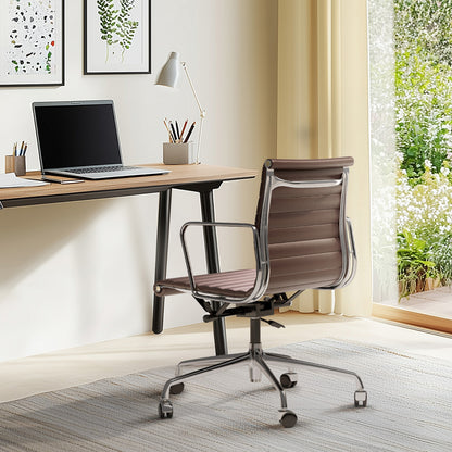 Armrests Ribbed Office Chair Brown Genuine Leather Office Chair