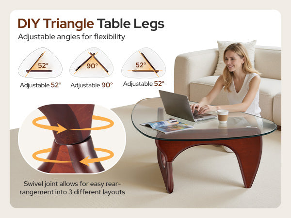 Triangle Glass Coffee Table adjustable leg angles and swivel design for flexible room layouts