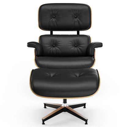 Classic Genuine Leather Lounge Chair with Ottoman – Palisander Wood & Black