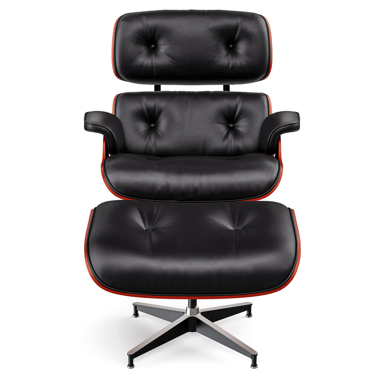 Mid-Century Black Genuine Leather Eames Lounge Chair & Ottoman—Red Palisander Wood