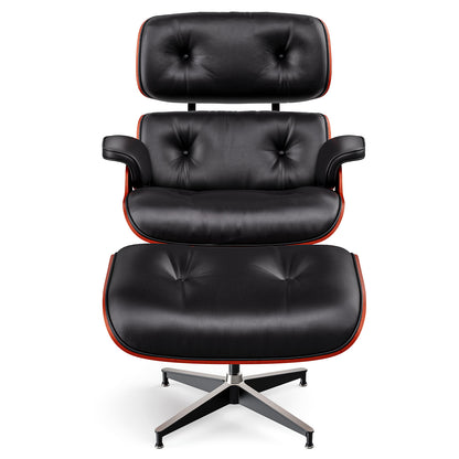 Mid-Century Black Genuine Leather Eames Lounge Chair & Ottoman—Red Palisander Wood