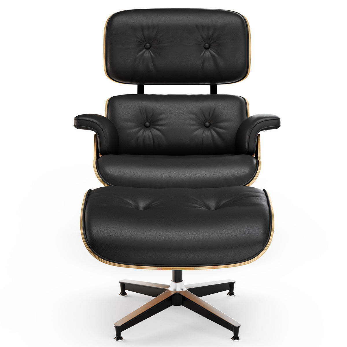 Classic Genuine Leather Lounge Chair with Ottoman – Walnut Wood & Black