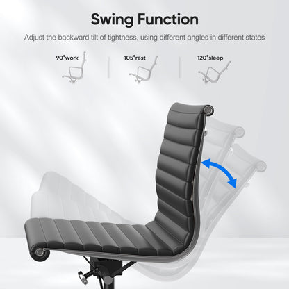 Armless Ribbed Office Desk Chair with Top Grain Leather - Black
