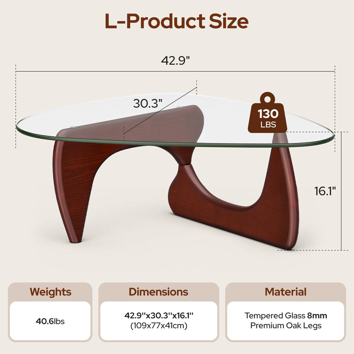 Modern Triangle Glass Coffee Table - Dark Walnut&Clear Top