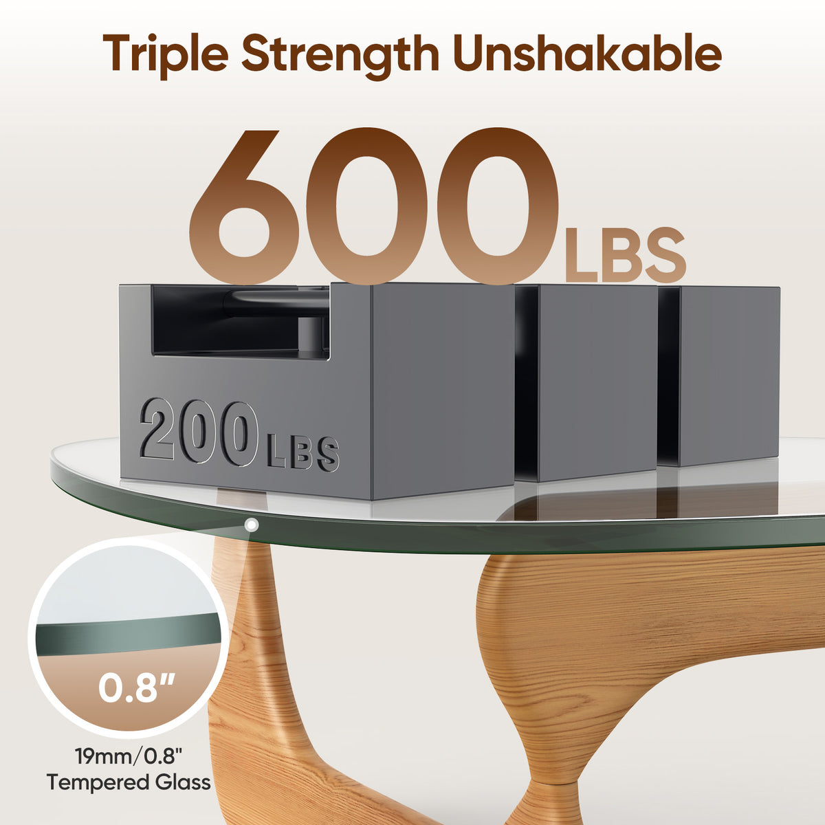 High-end Modern Triangle Glass Coffee Table With Solid Wood Base - Light Walnut