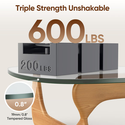High-end Modern Triangle Glass Coffee Table With Solid Wood Base - Light Walnut