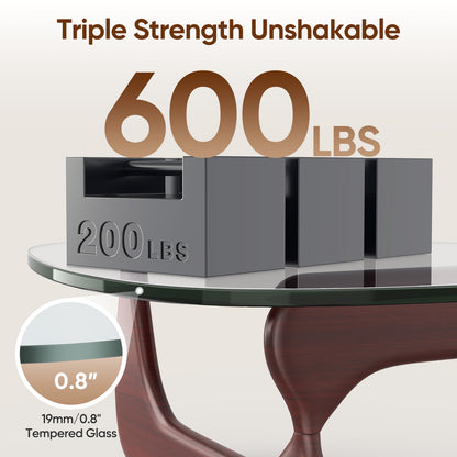 High-end Modern Triangle Glass Coffee Table With Solid Wood Base - Dark Walnut
