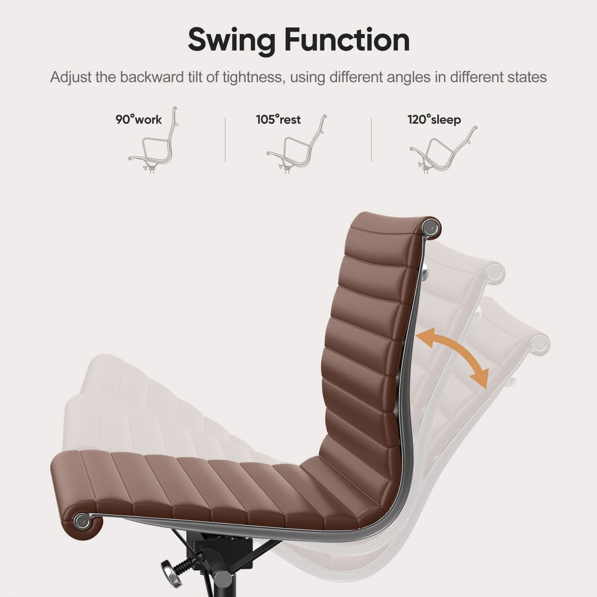 Armless Ribbed Office Desk Chair with Top Grain Leather - Brown