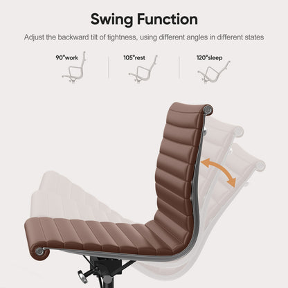 Armless Ribbed Office Desk Chair with Top Grain Leather - Brown