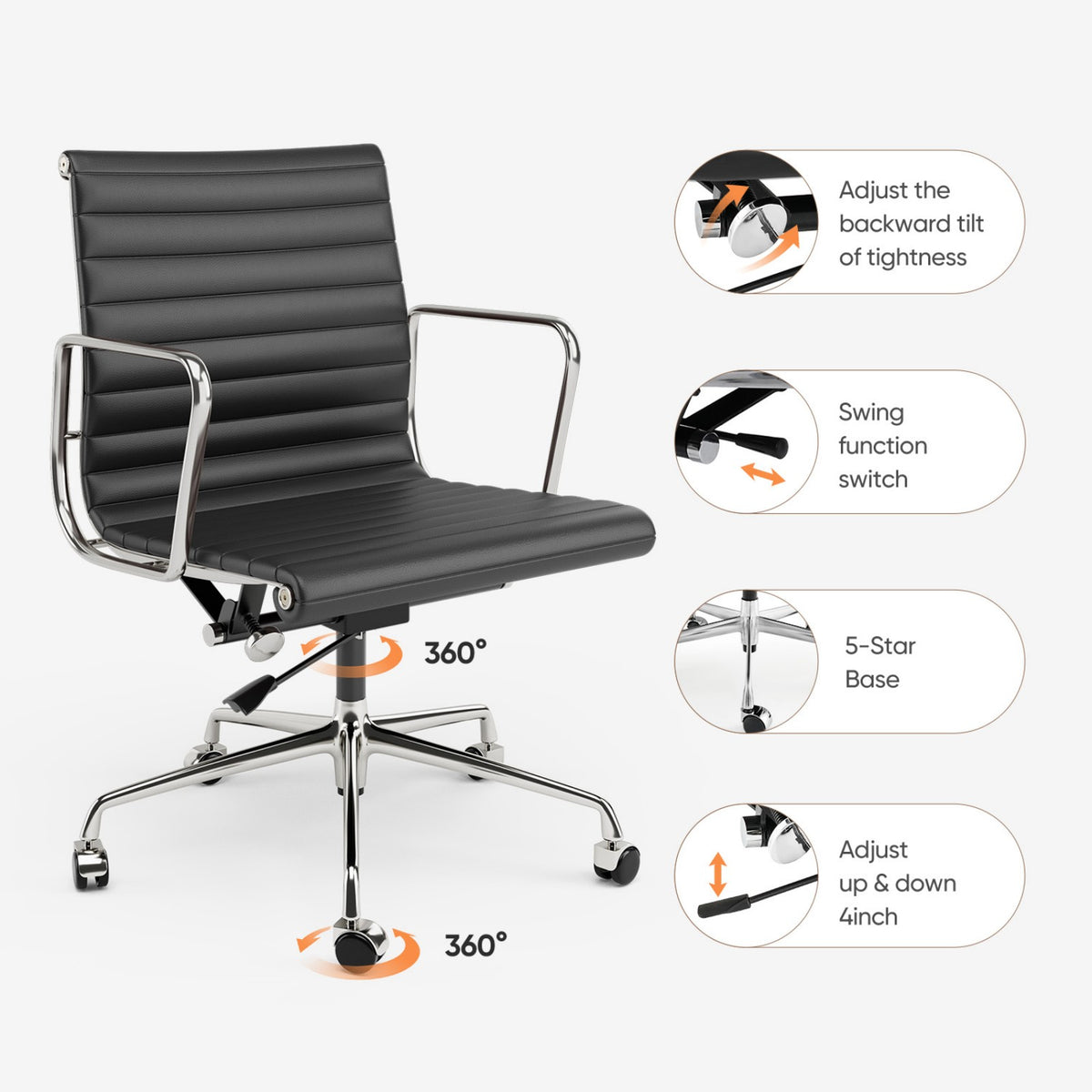 Armrests Ribbed Office Chair Black Genuine Leather Office Chair