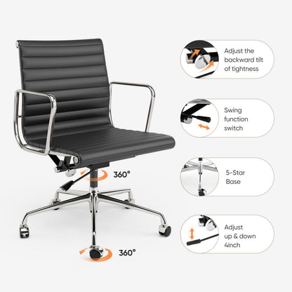 Armrests Ribbed Office Chair Black Genuine Leather Office Chair