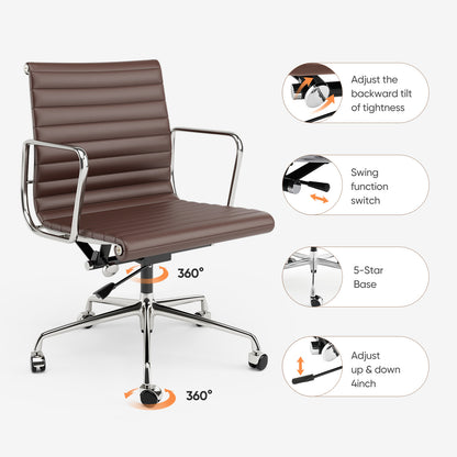 Armrests Ribbed Office Chair Brown Genuine Leather Office Chair