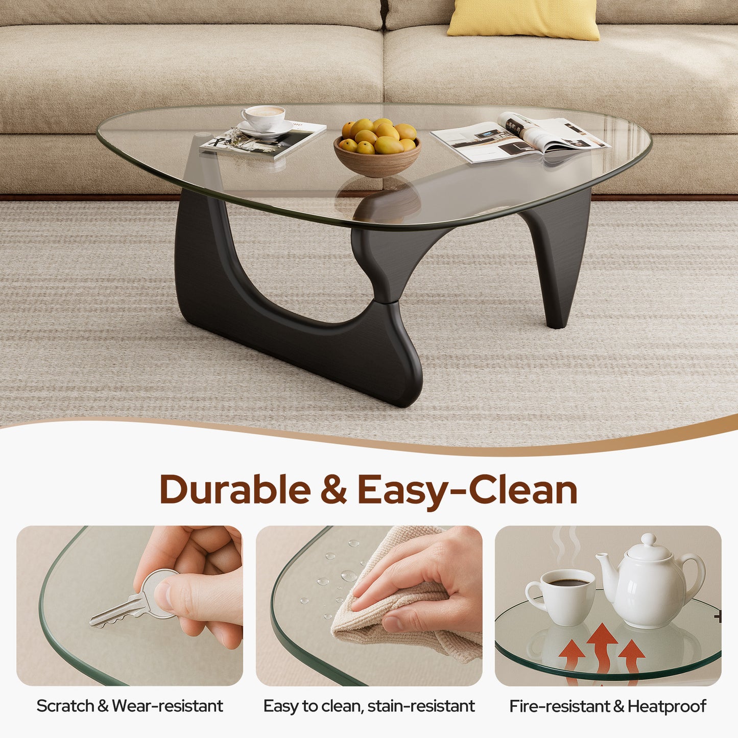 Modern Triangle Glass Coffee Table - Black&Clear Top