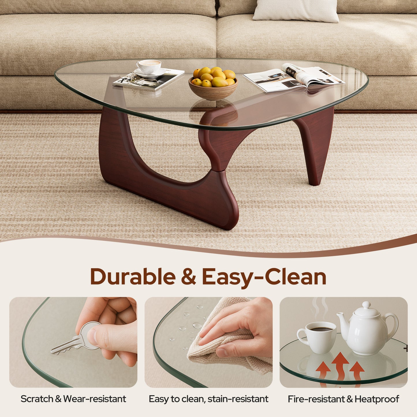 Modern Triangle Glass Coffee Table - Dark Walnut&Clear Top