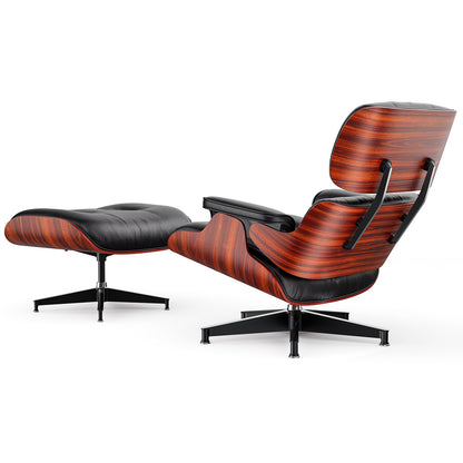 Mid-Century Black Genuine Leather Eames Lounge Chair & Ottoman—Red Palisander Wood