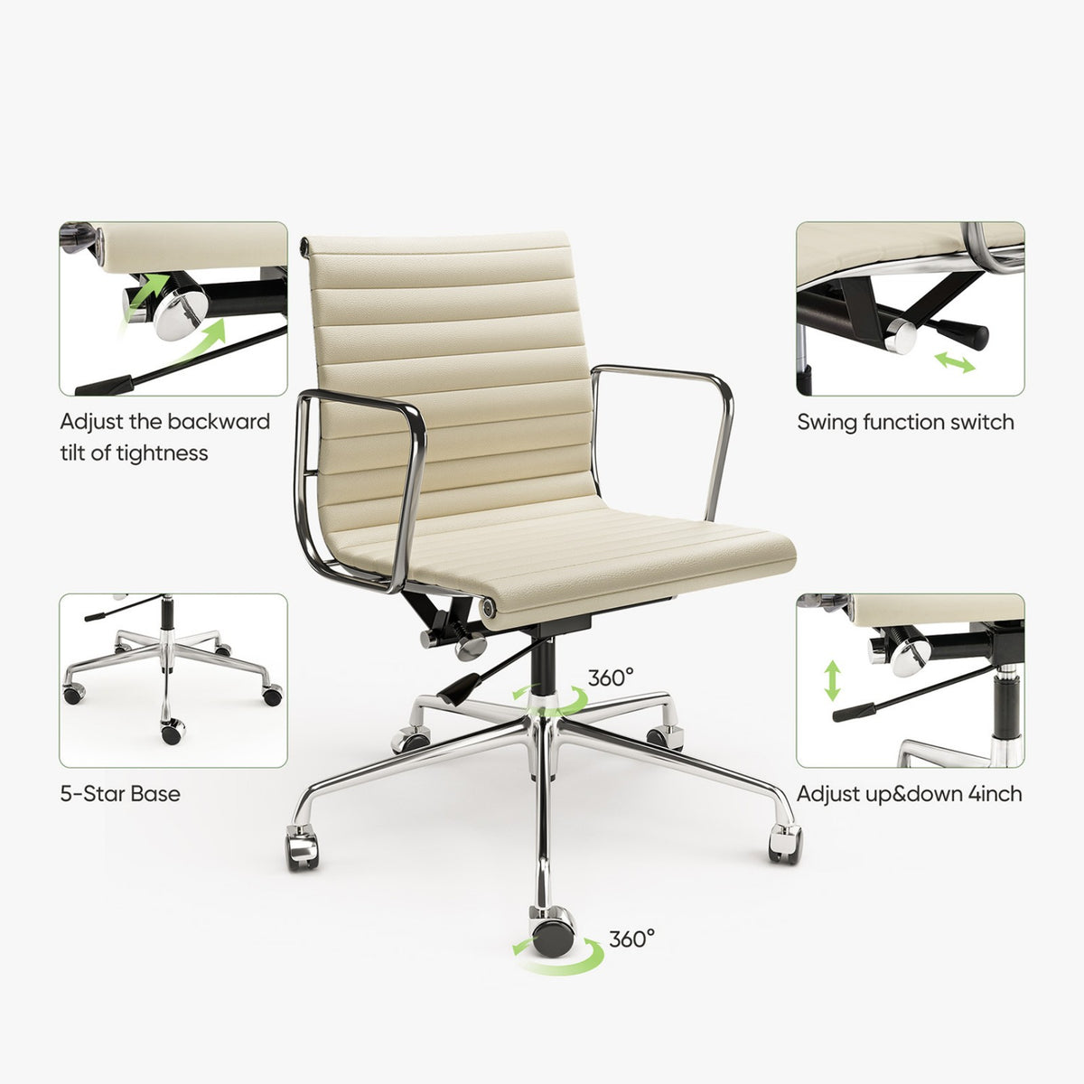 Armrests Ribbed Office Chair Beige Genuine Leather Office Chair