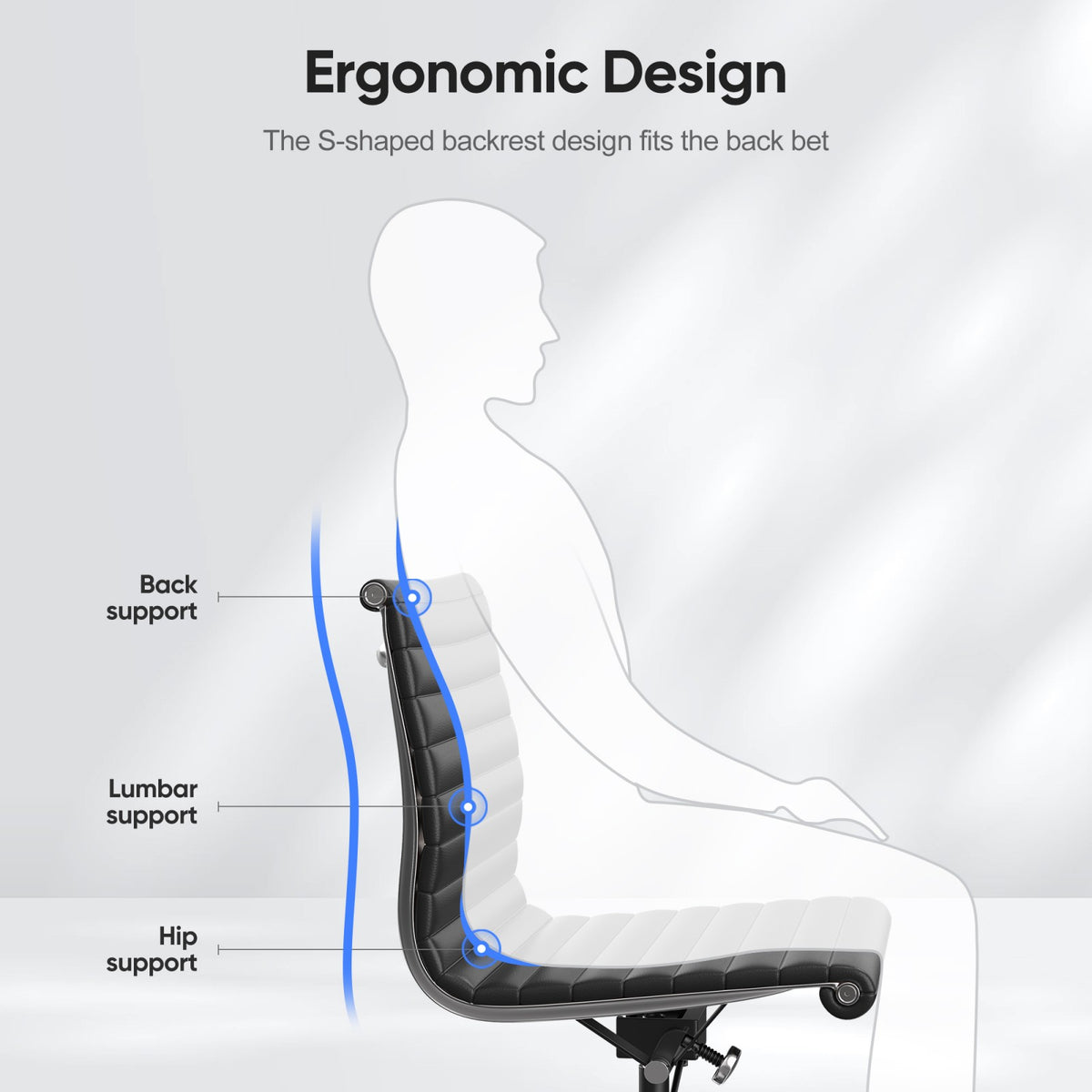 Armless Ribbed Office Desk Chair with Top Grain Leather - Black