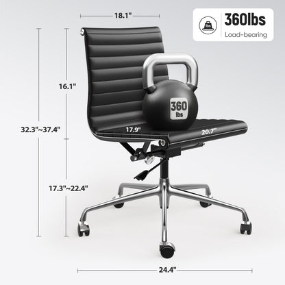 Armless Ribbed Office Desk Chair with Top Grain Leather - Black