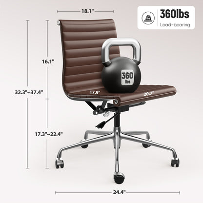 Armless Ribbed Office Desk Chair with Top Grain Leather - Brown