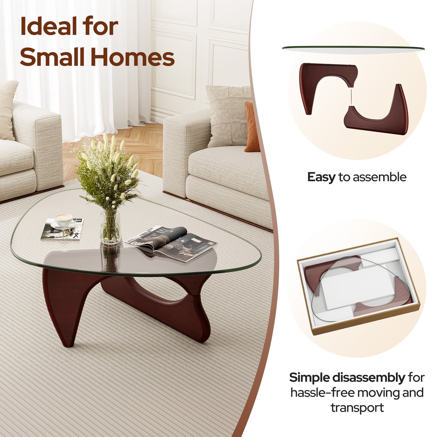Modern Triangle Glass Coffee Table - Dark Walnut&Clear Top