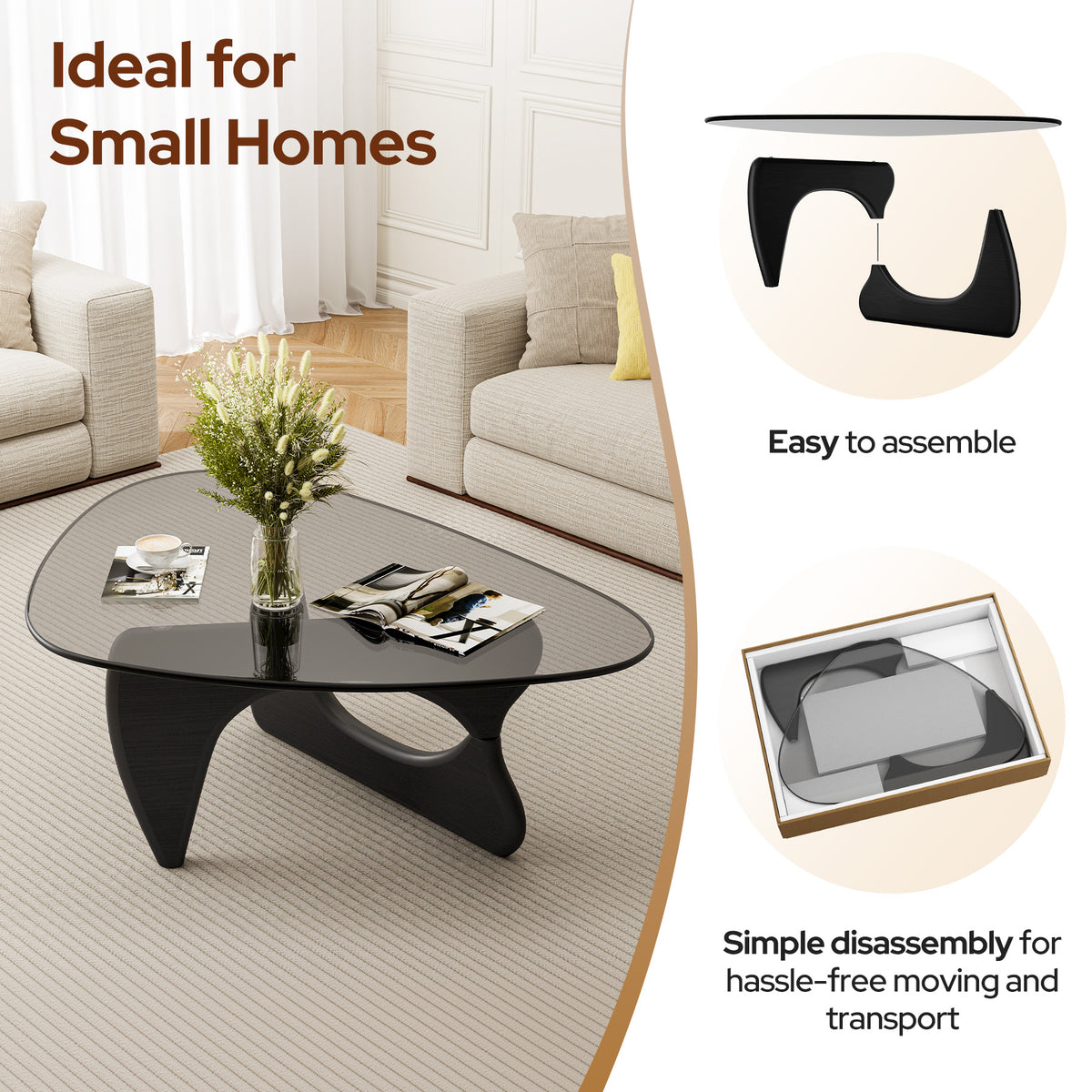 Modern Triangle Glass Coffee Table - Black&Grey Top