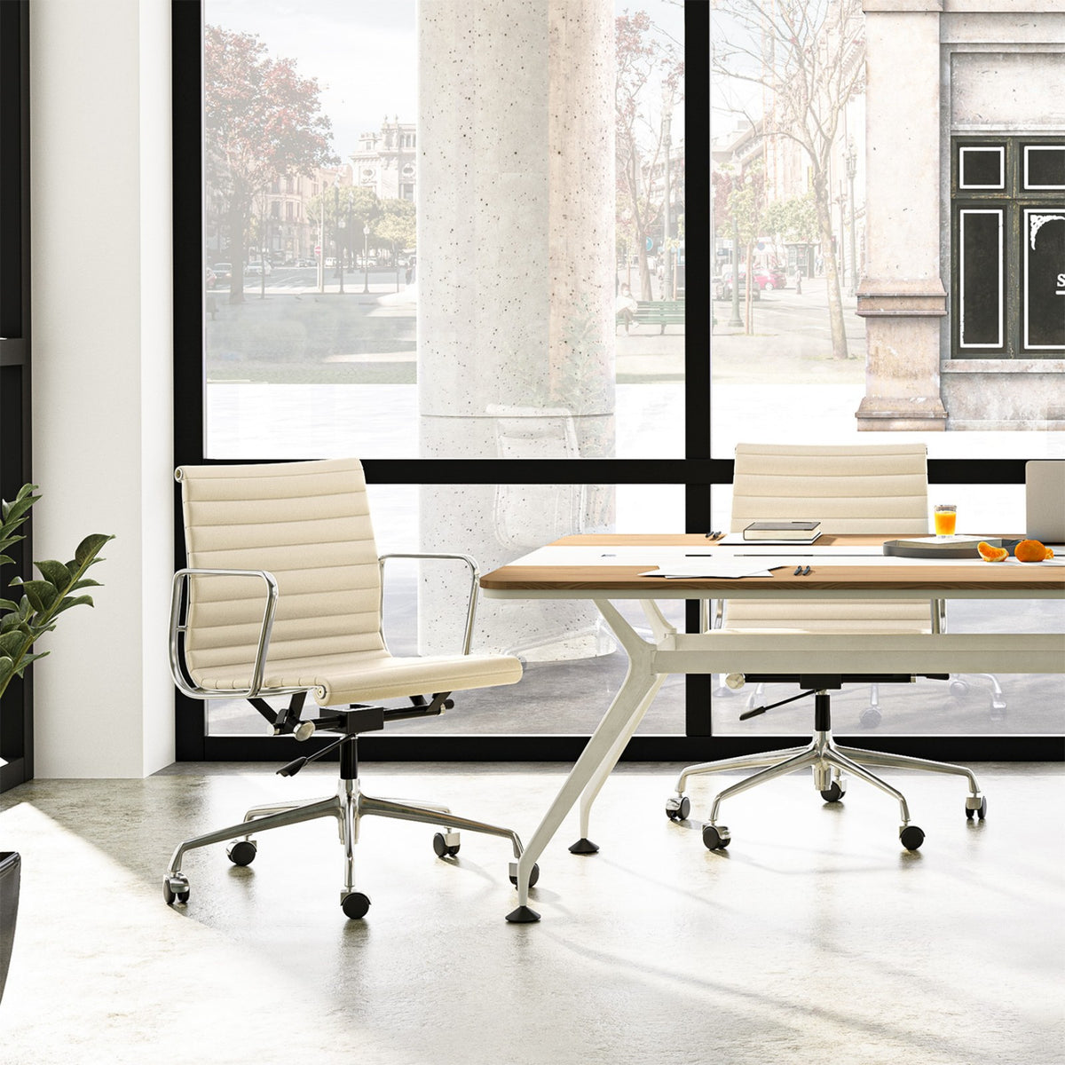 Armrests Ribbed Office Chair Beige Genuine Leather Office Chair