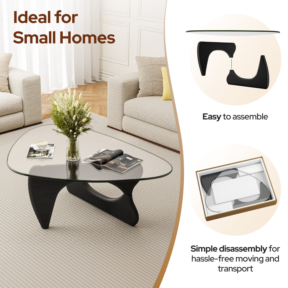 Modern Triangle Glass Coffee Table - Black&Clear Top