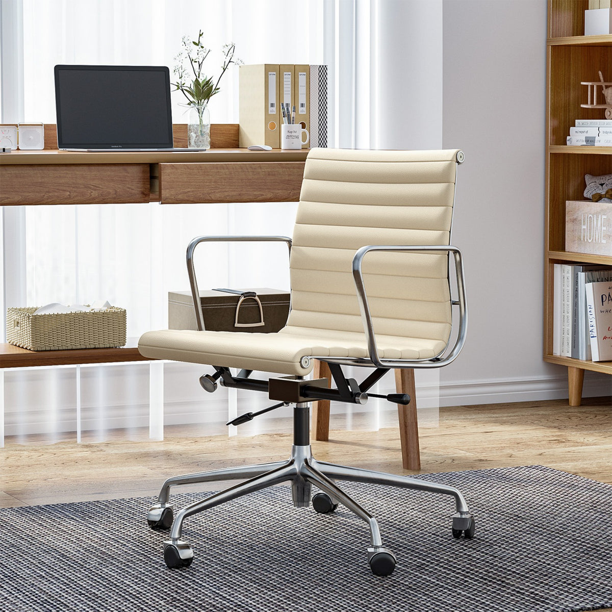 Armrests Ribbed Office Chair Beige Genuine Leather Office Chair