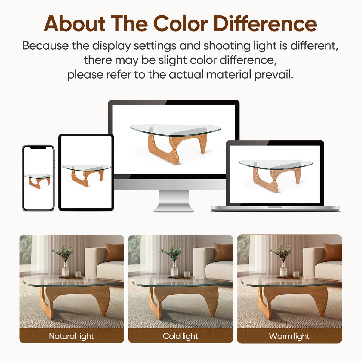 High-end Modern Triangle Glass Coffee Table With Solid Wood Base - Light Walnut