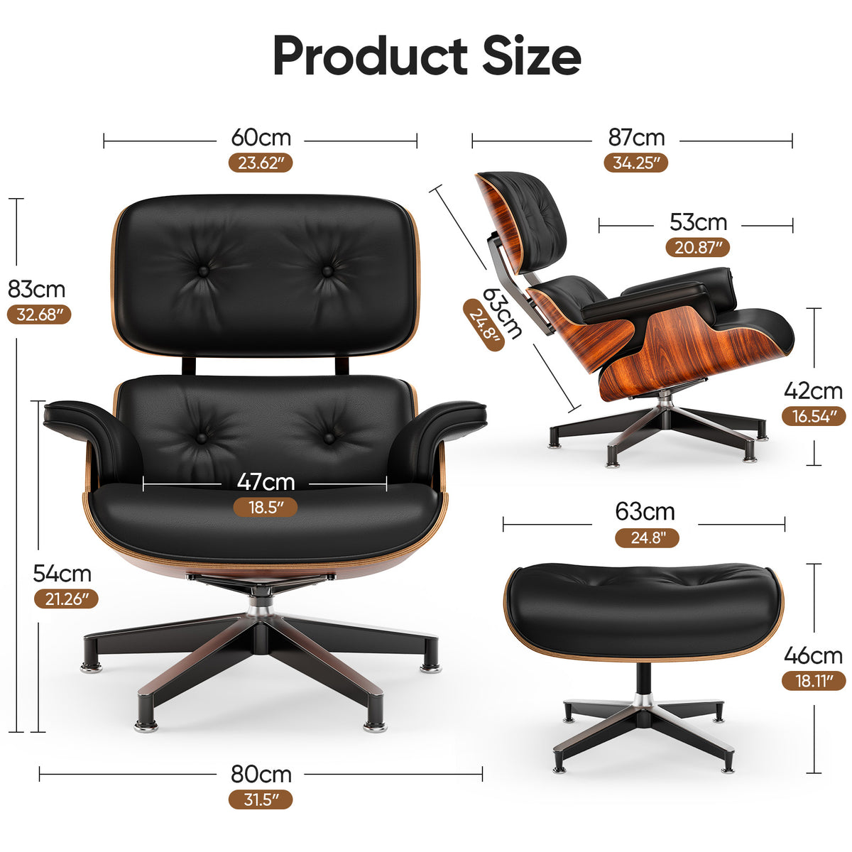 Top PU Leather Lounge Chair with Ottoman - Palisander Wood & Black