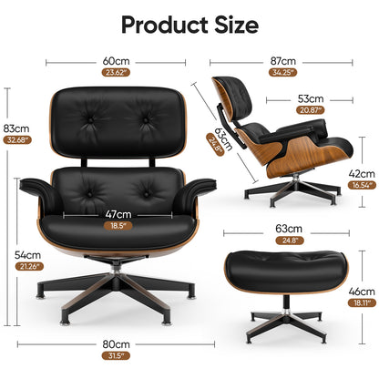 Top PU Leather Lounge Chair with Ottoman - Walnut Wood & Black
