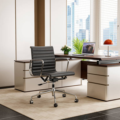 Armrests Ribbed Office Chair Black Genuine Leather Office Chair