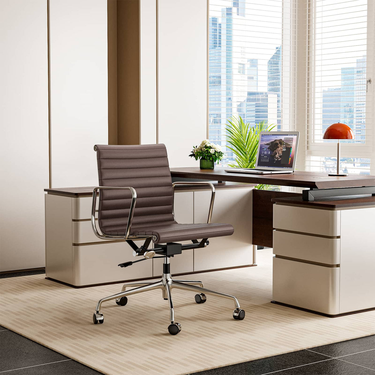 Armrests Ribbed Office Chair Brown Genuine Leather Office Chair