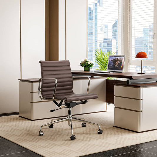 Armrests Ribbed Office Chair Brown Genuine Leather Office Chair