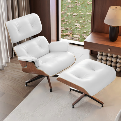 Classic Genuine Leather Lounge Chair with Ottoman – Walnut Wood & White