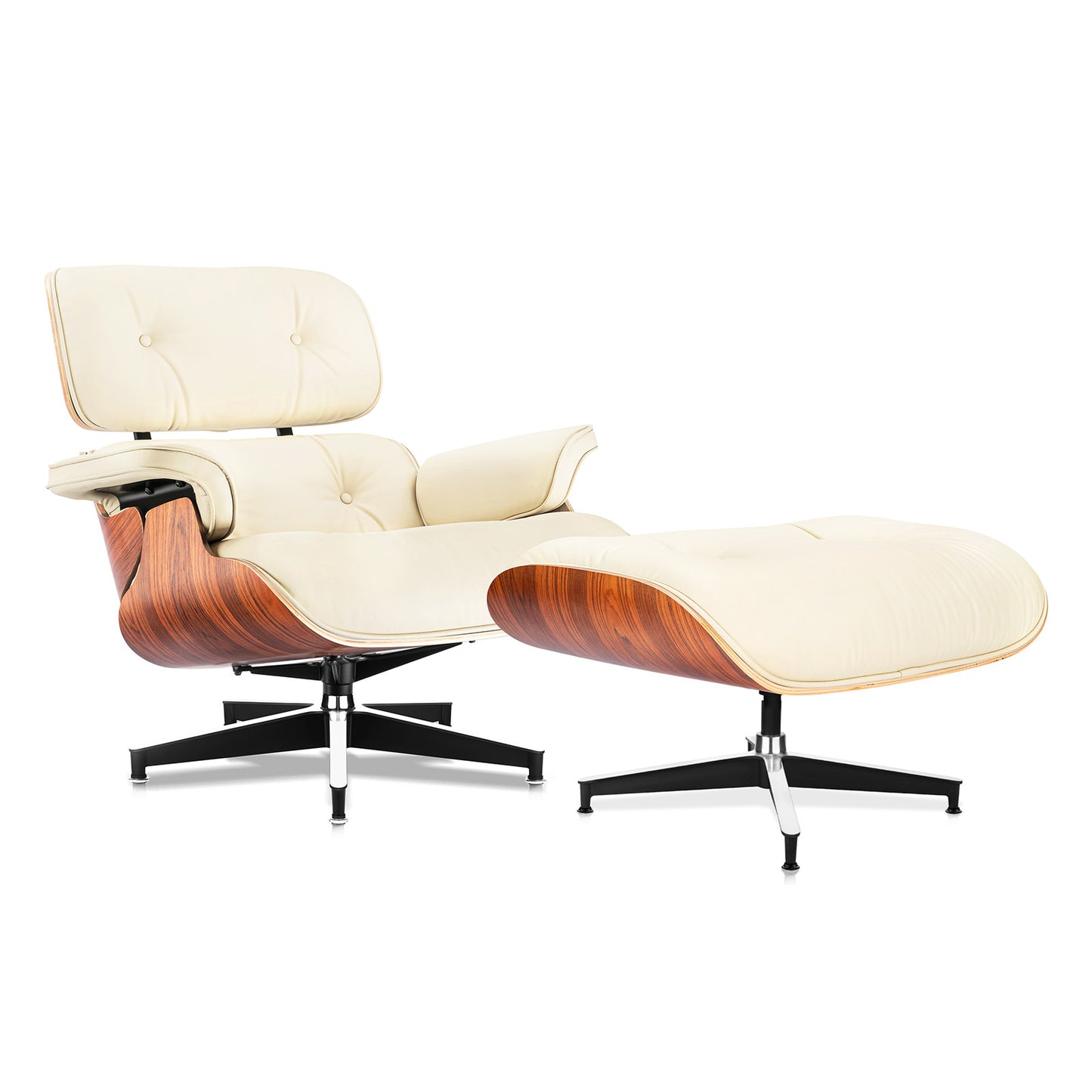 Mid Century Genuine Leather Recliner Lounge Chair with Ottoman - Palisander Wood & Beige
