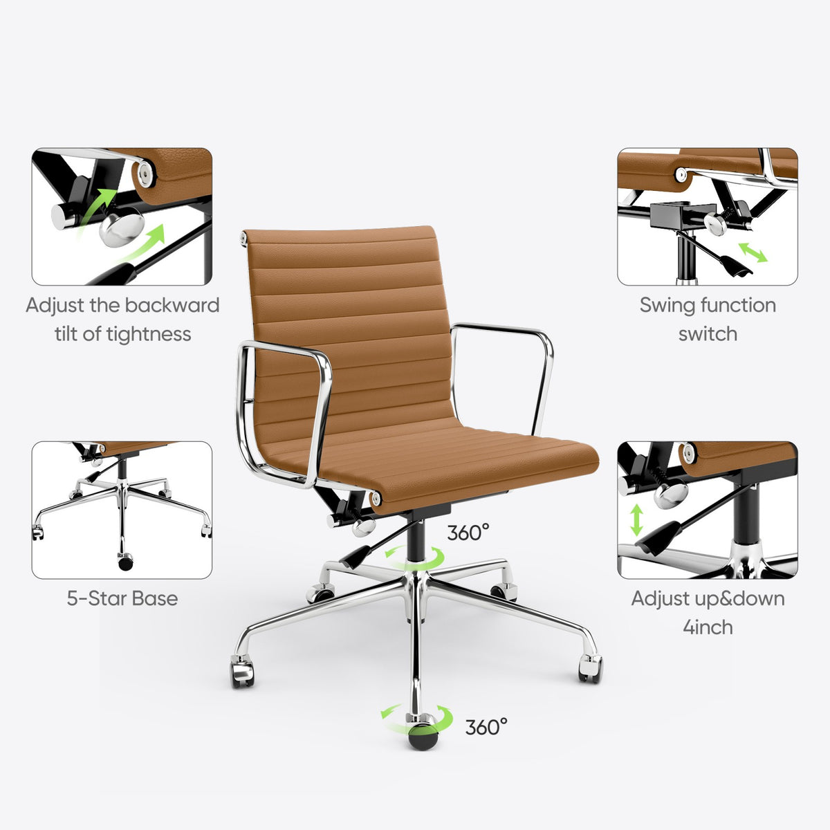 Armrests Ribbed Office Chair Light Brown Genuine Leather Office Chair