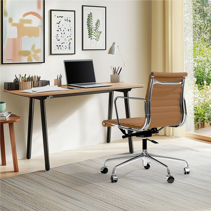 Armrests Ribbed Office Chair Light Brown Genuine Leather Office Chair