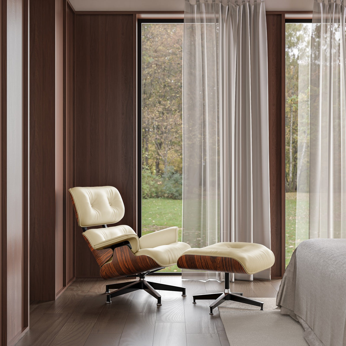 Classic Genuine Leather Lounge Chair with Ottoman – Palisander Wood & Beige