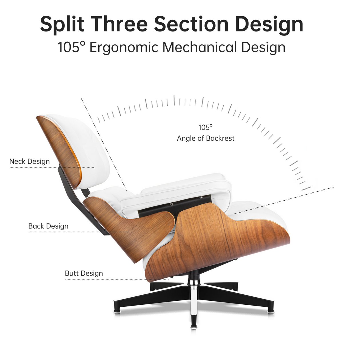 Classic Genuine Leather Lounge Chair with Ottoman – Walnut Wood & White